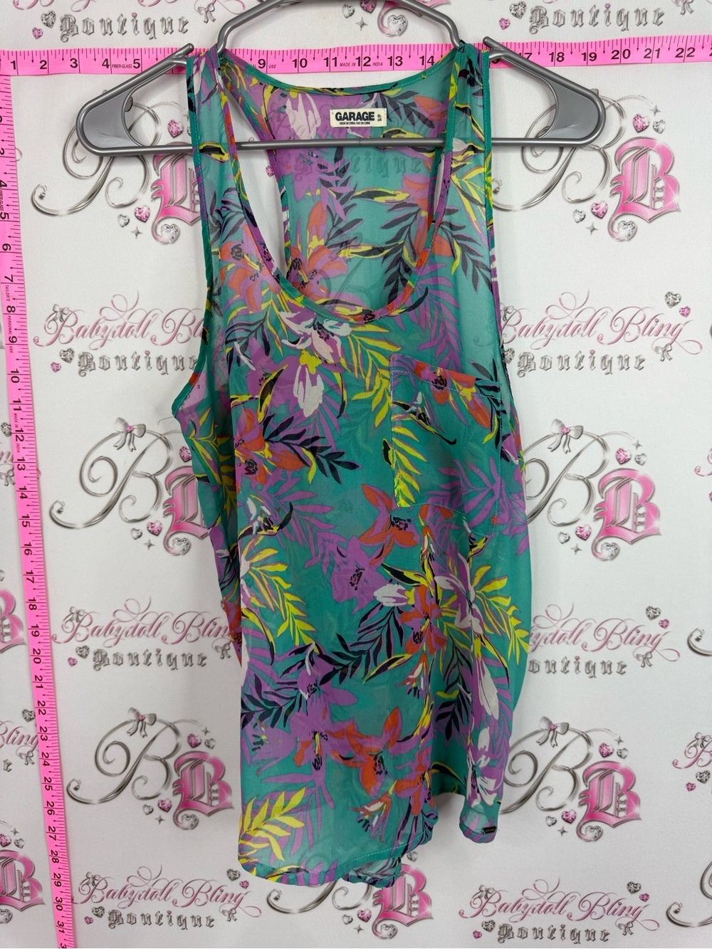Garage Teal Floral Tank with Pink and Purple Accents